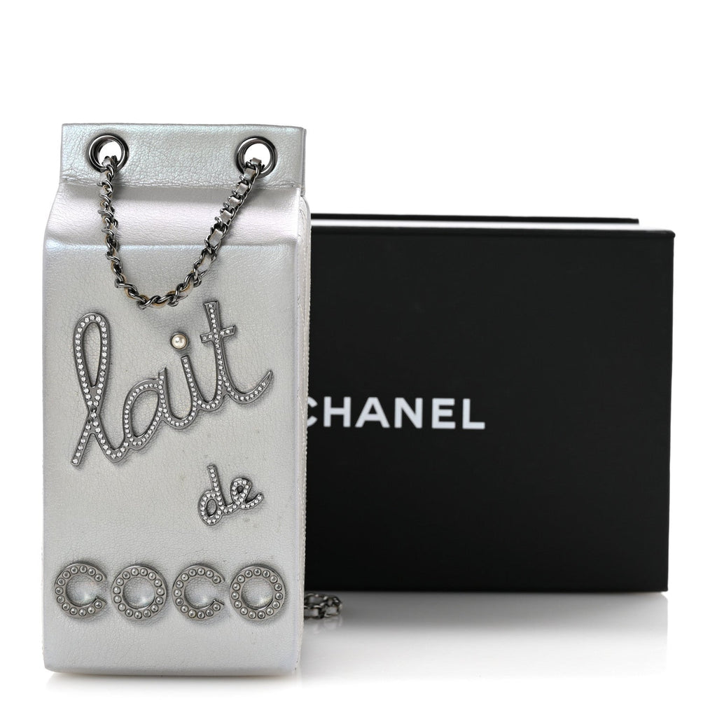 Metallic Goatskin Lait de Coco Milk Carton Bag Silver