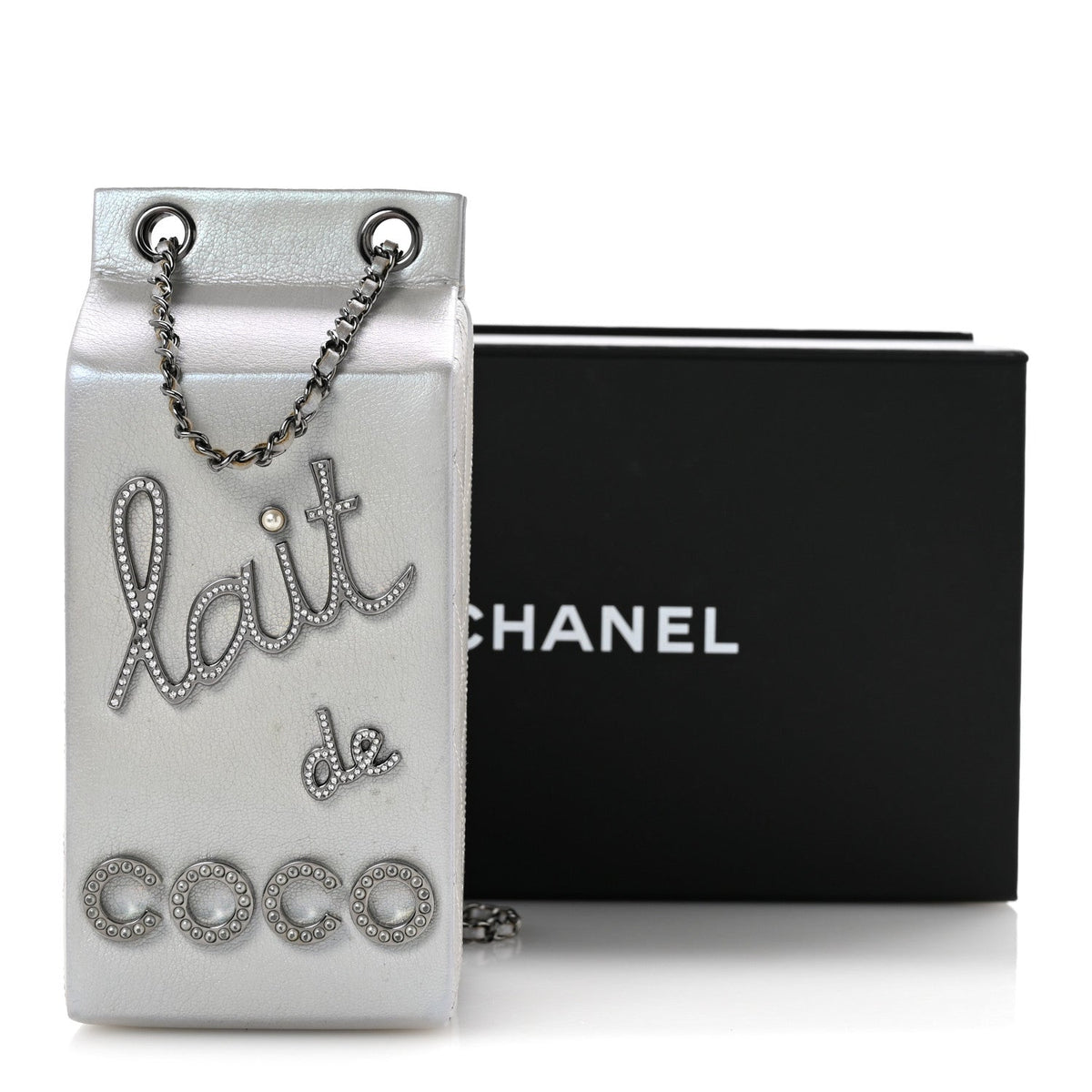 Metallic Goatskin Lait de Coco Milk Carton Bag Silver