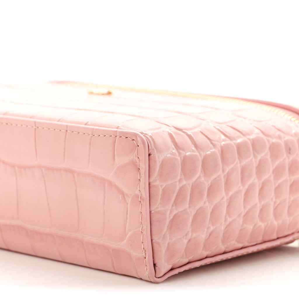 Calfskin Crocodile Embossed Crococo Top Handle Slim Vanity Case With Chain Light Pink