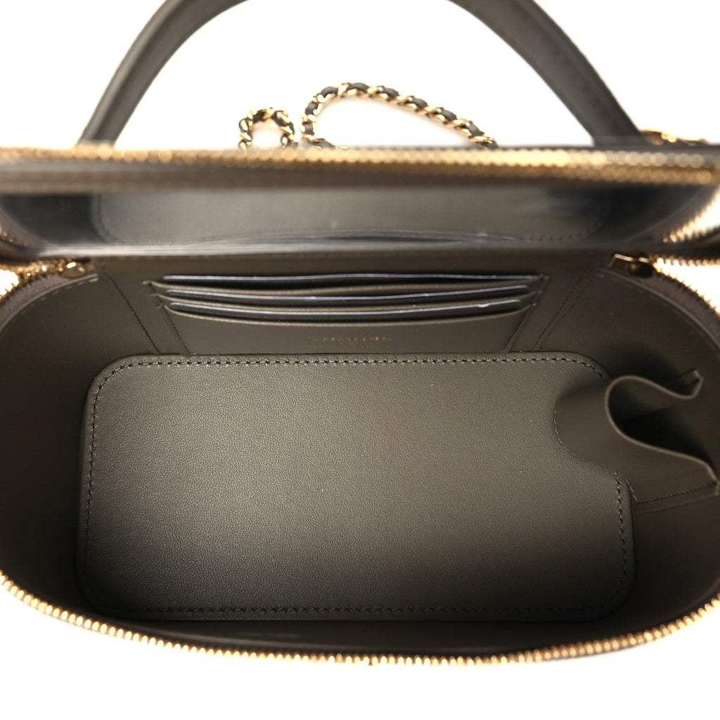 Calfskin Lizard Embossed Top Handle Vanity With Chain  Dark Khaki