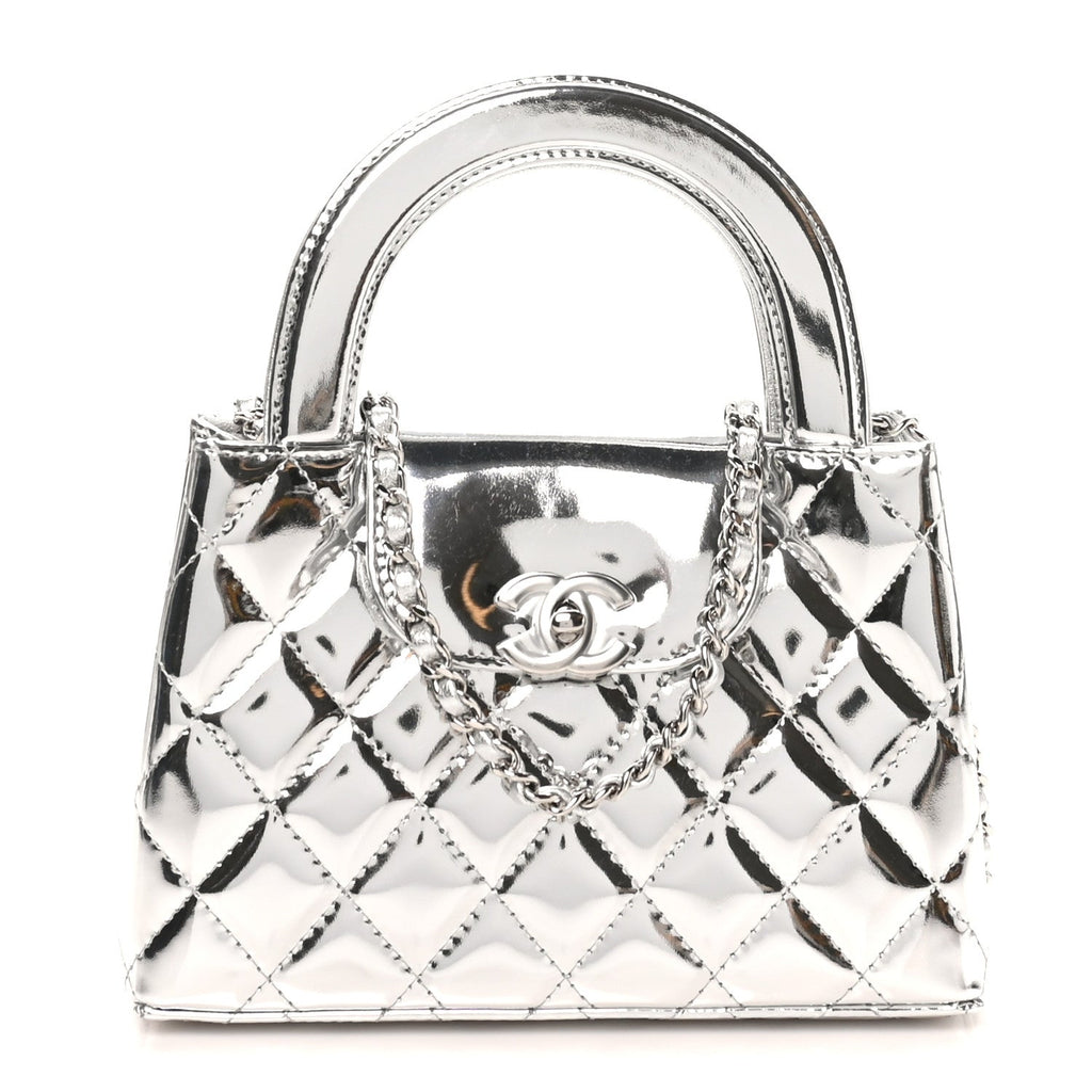 Mirror Calfskin Metallic Calfskin Quilted Nano Kelly Shopper Silvery
