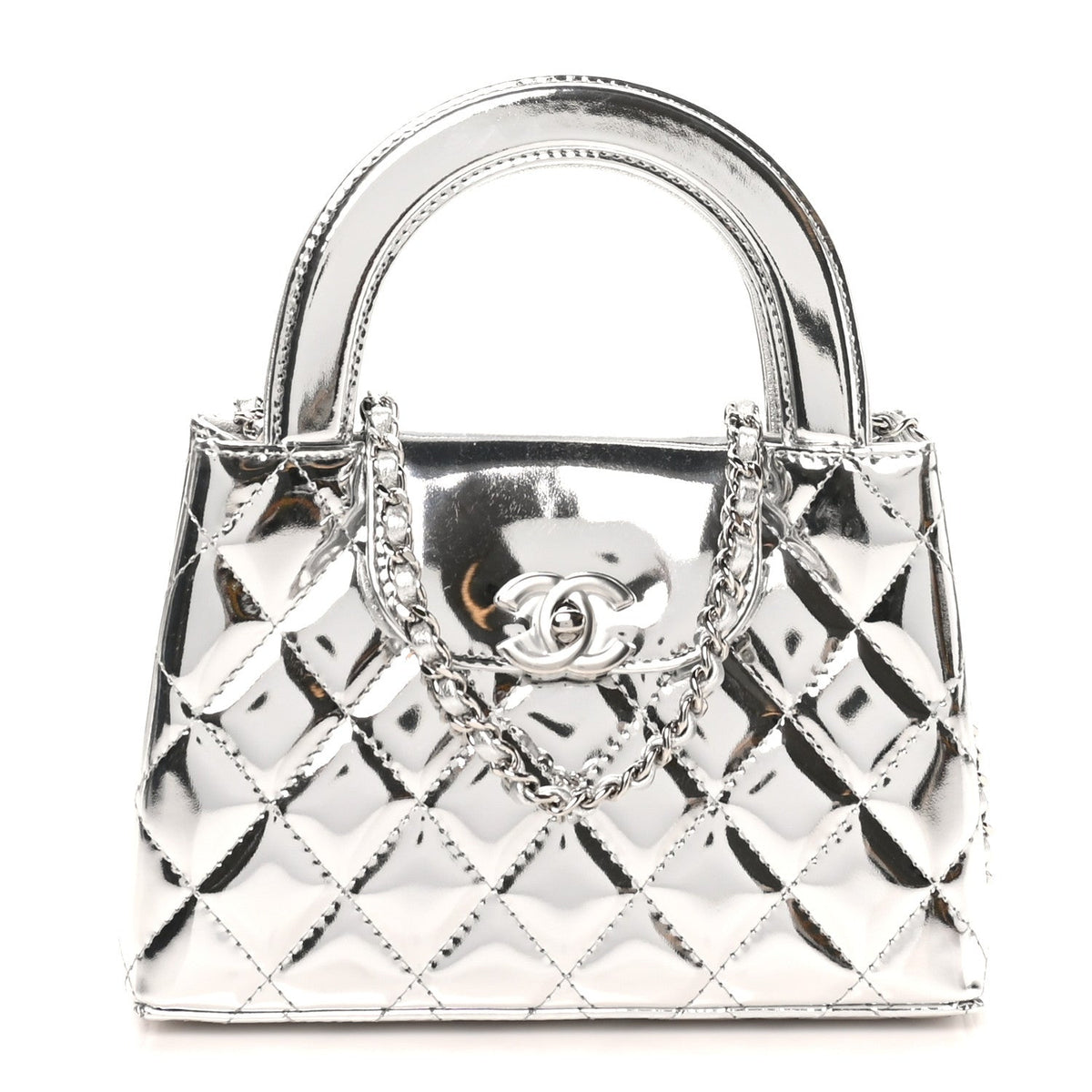 Mirror Calfskin Metallic Calfskin Quilted Nano Kelly Shopper Silvery