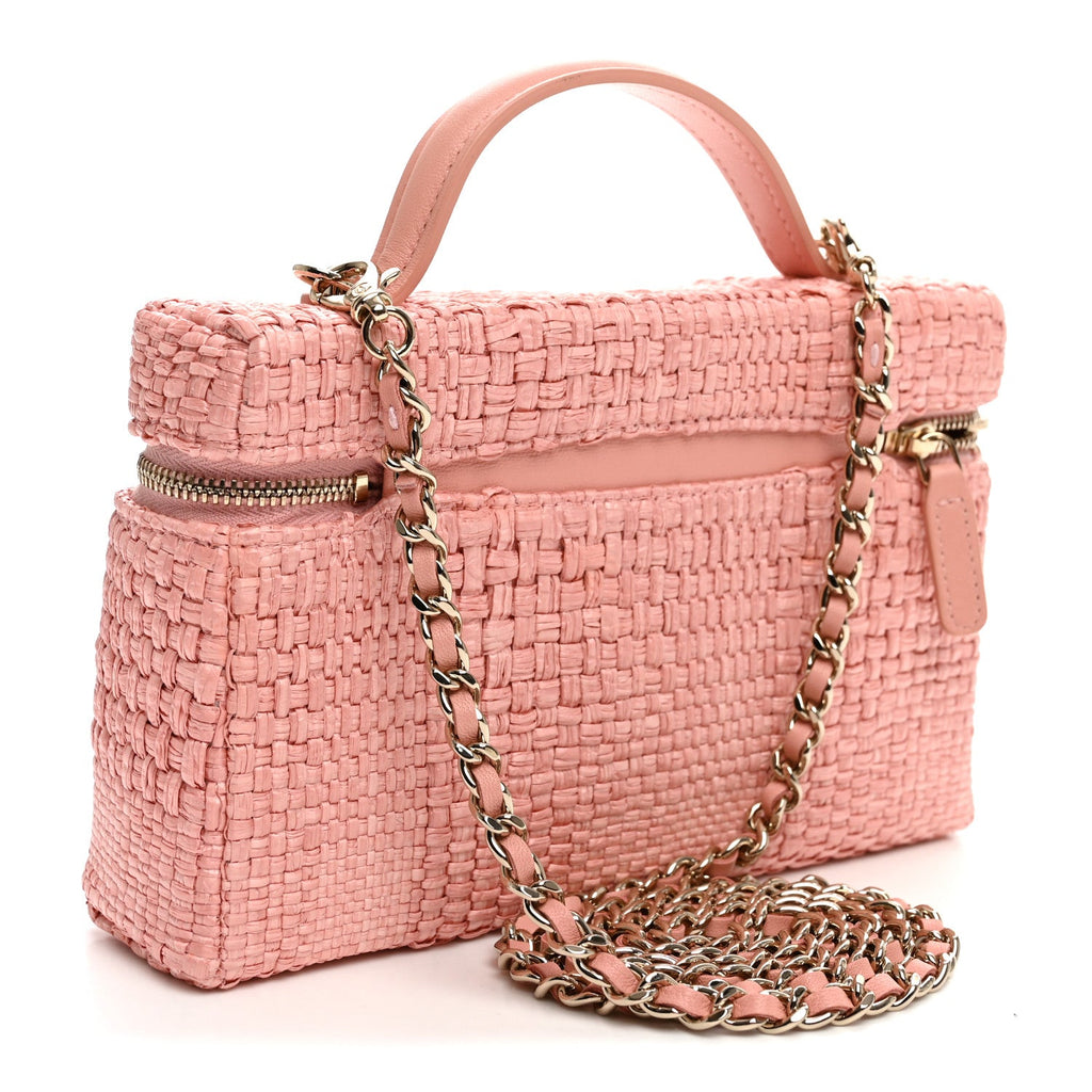 Braided Raffia Quilted Top Handle Slim Vanity Case With Chain Light Pink