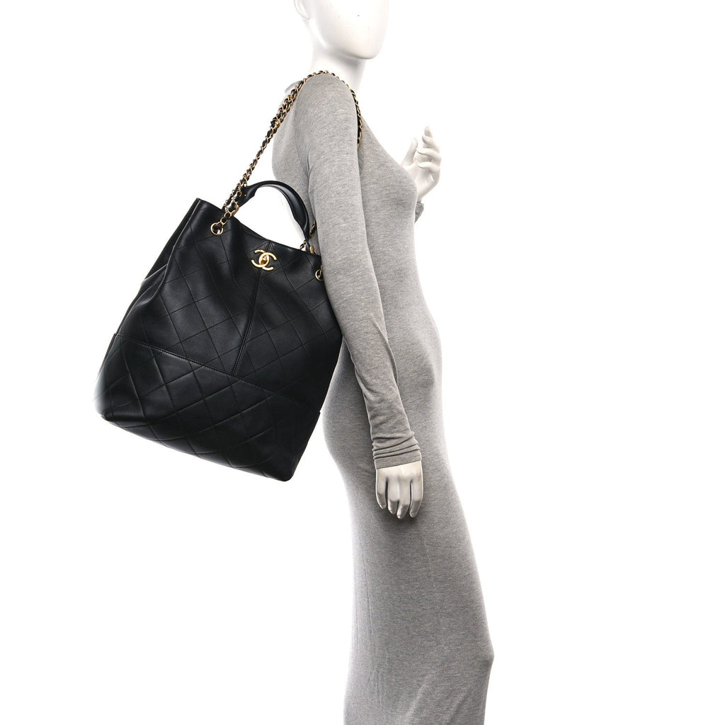 Calfskin Quilted Large Coco Base Shopping Bag Black