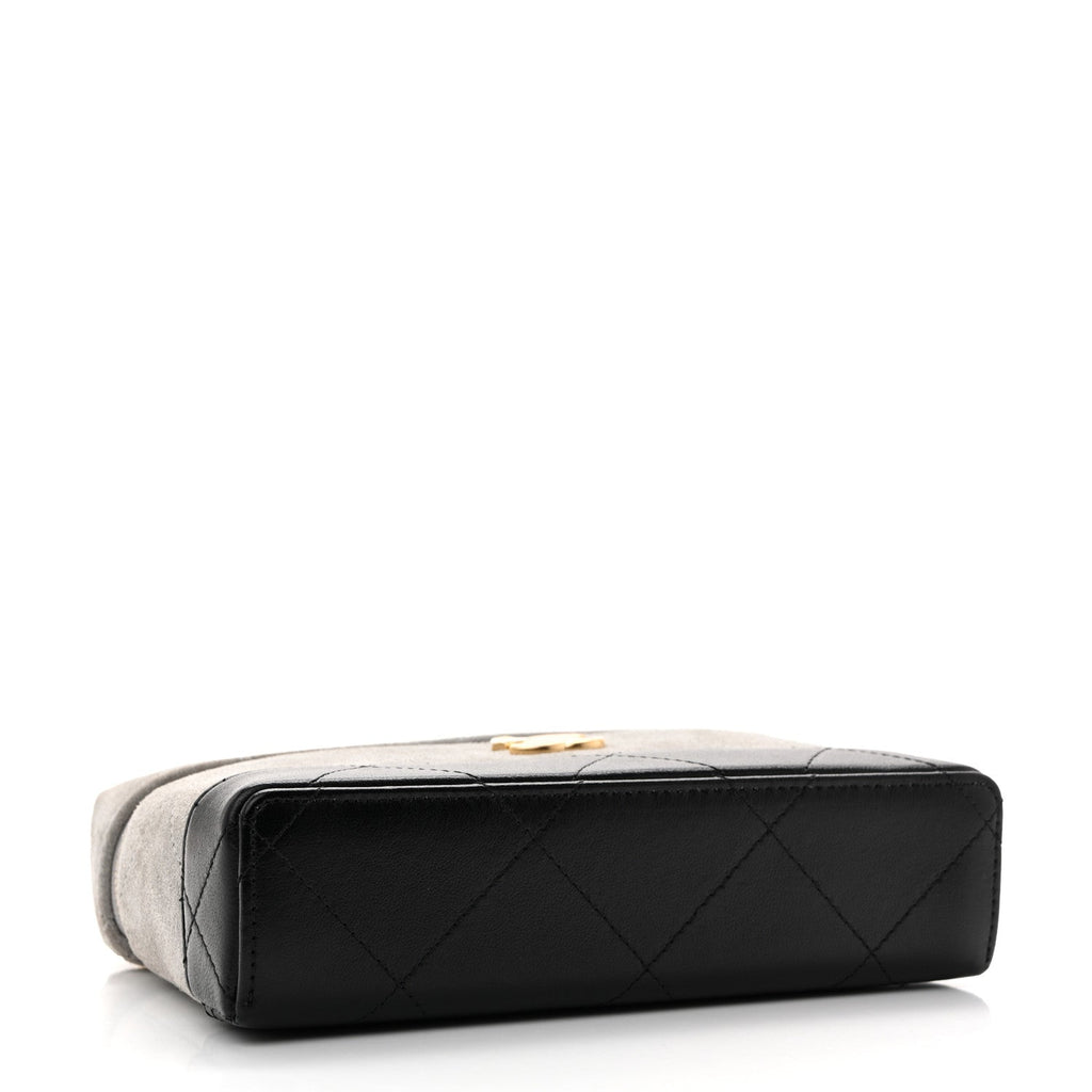 Suede Calfskin Shiny Lambskin Quilted Top Handle Slim Vanity Case With Chain Grey Black Grey Black