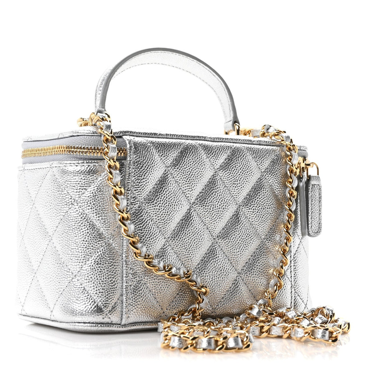 Metallic Caviar Quilted Top Handle Slim Vanity Case With Chain Silver