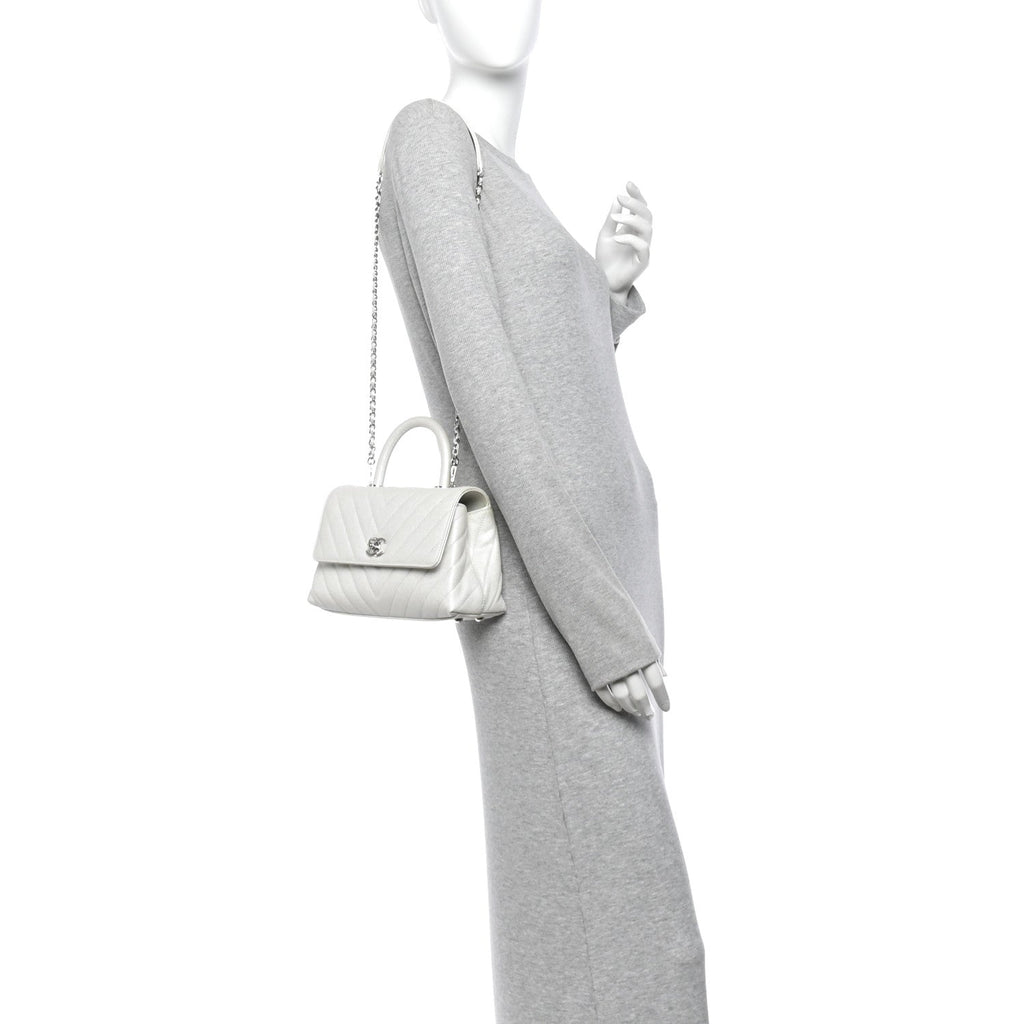 Iridescent Caviar Chevron Quilted Mini Coco Handle Flap White