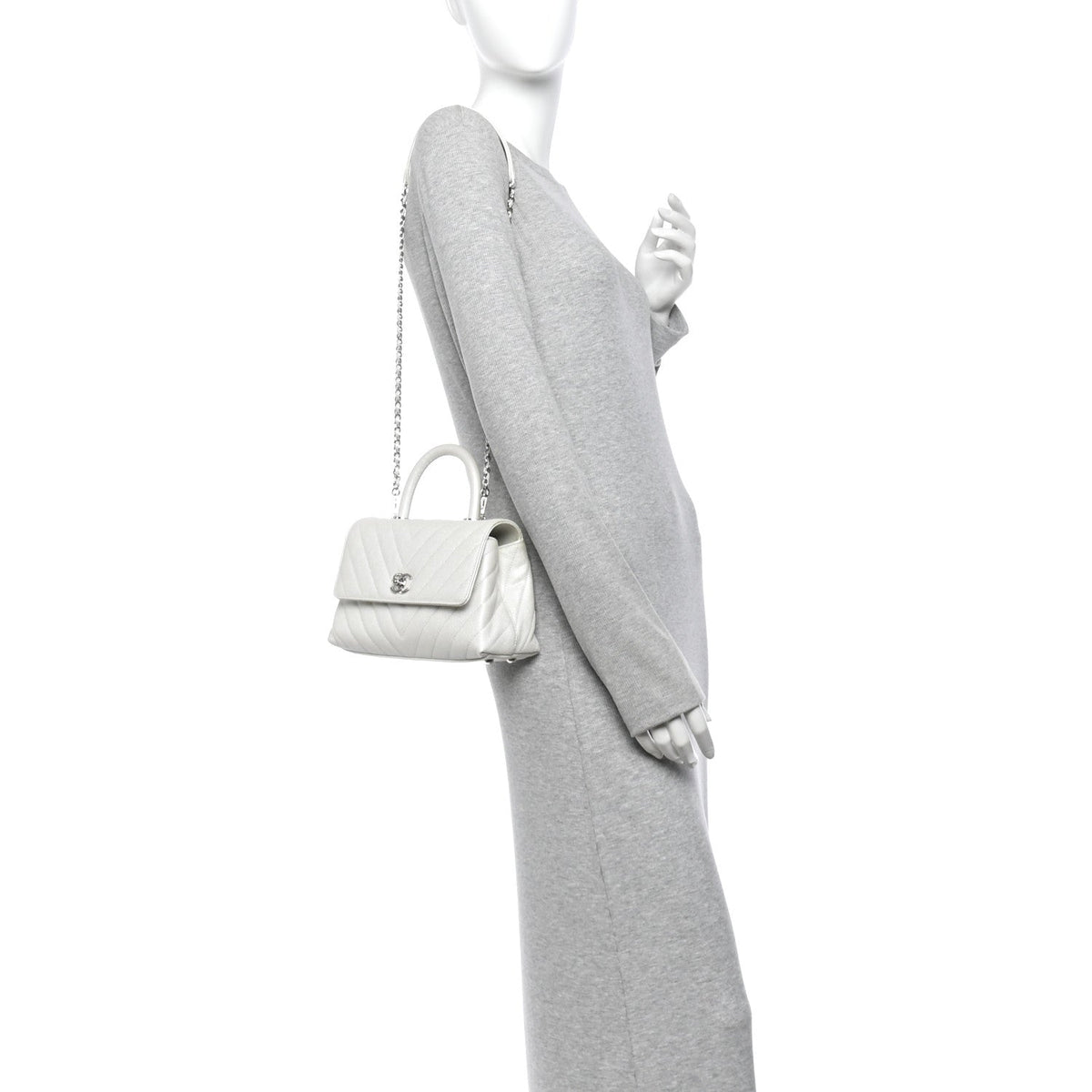 Iridescent Caviar Chevron Quilted Mini Coco Handle Flap White