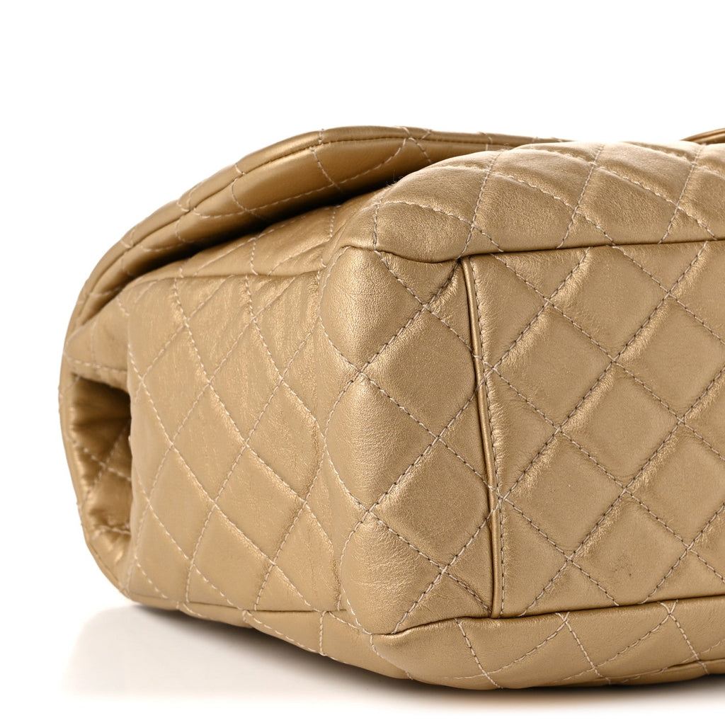 Metallic Calfskin Quilted Small XXL Travel Flap Bag Gold