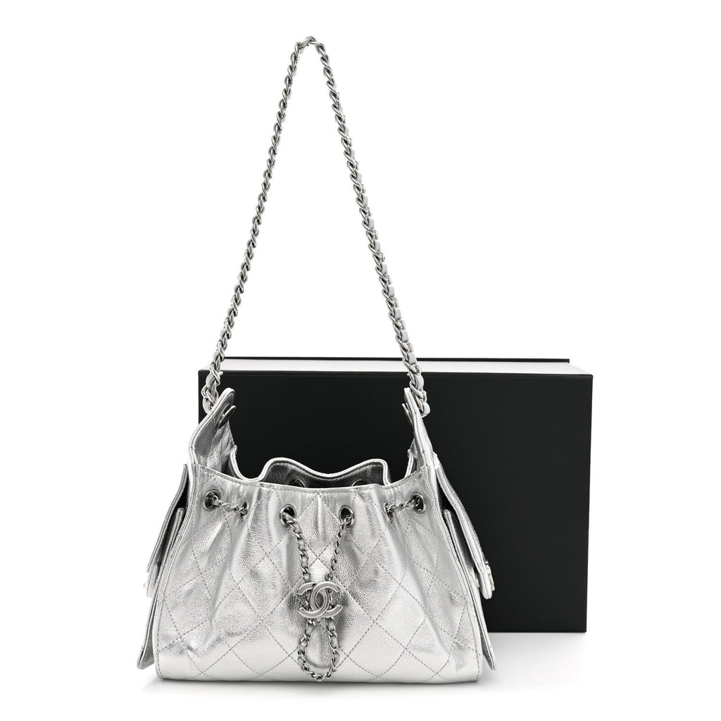 Metallic Caviar Quilted Mini Chanel 25 Handbag Silver