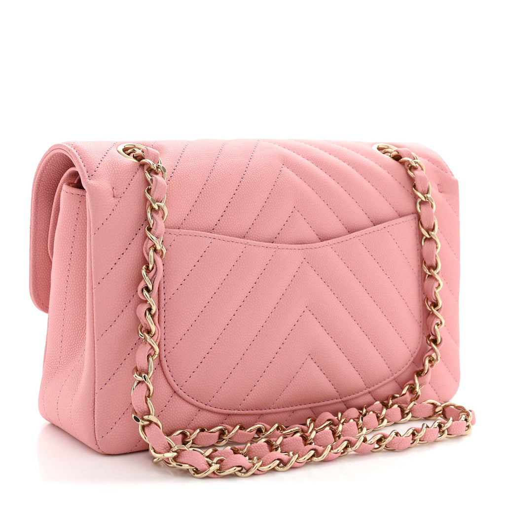 Caviar Chevron Quilted Small Double Flap Pink