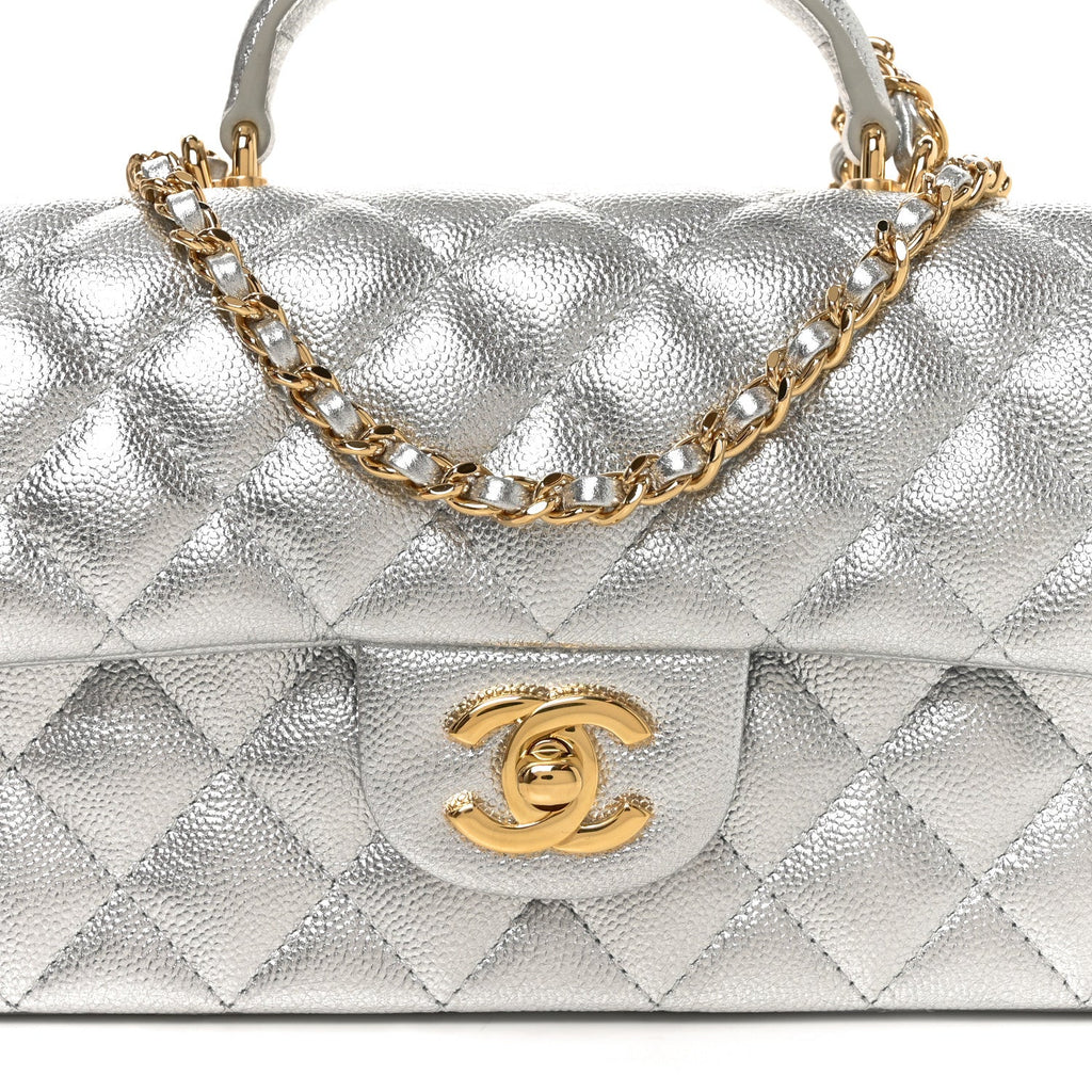 Metallic Caviar Quilted Top Handle East West Flap Silver