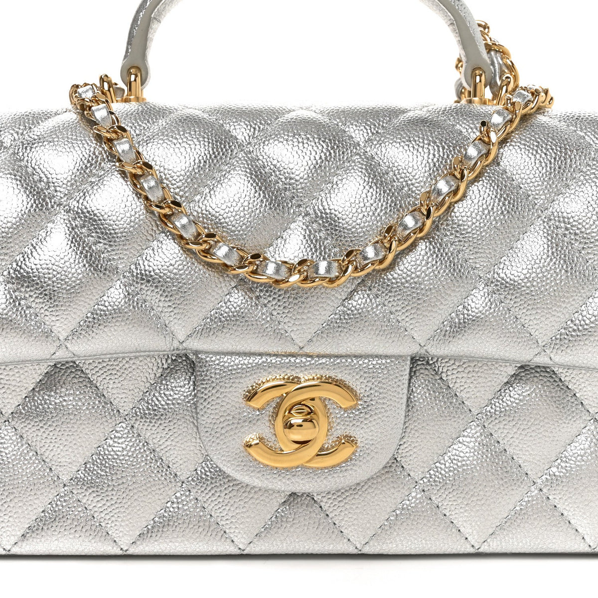 Metallic Caviar Quilted Top Handle East West Flap Silver