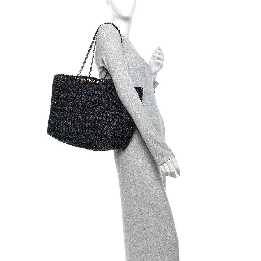 Raffia Effect Calfskin Coco Beach Shopping Tote Black