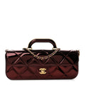 Metallic Mirror Calfskin Large Top Handle Clutch With Chain  Burgundy