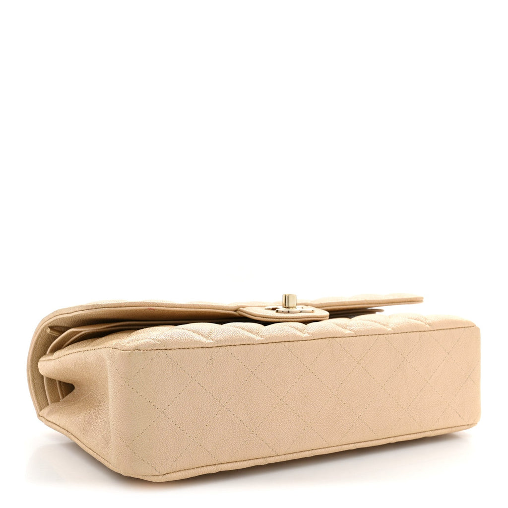 Iridescent Caviar Quilted Medium Double Flap Beige