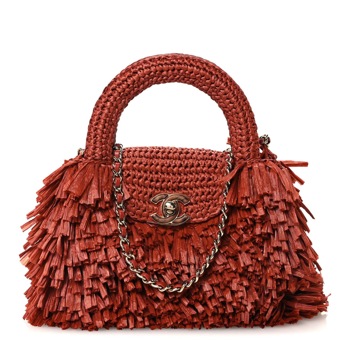Raffia Fringe Nano Kelly Shopper Red