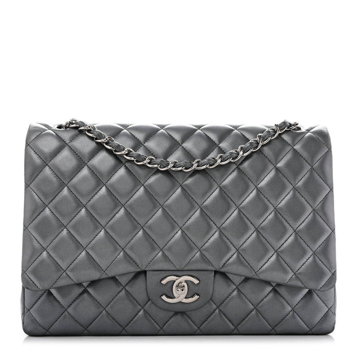 Metallic Lambskin Quilted Maxi Double Flap Pewter