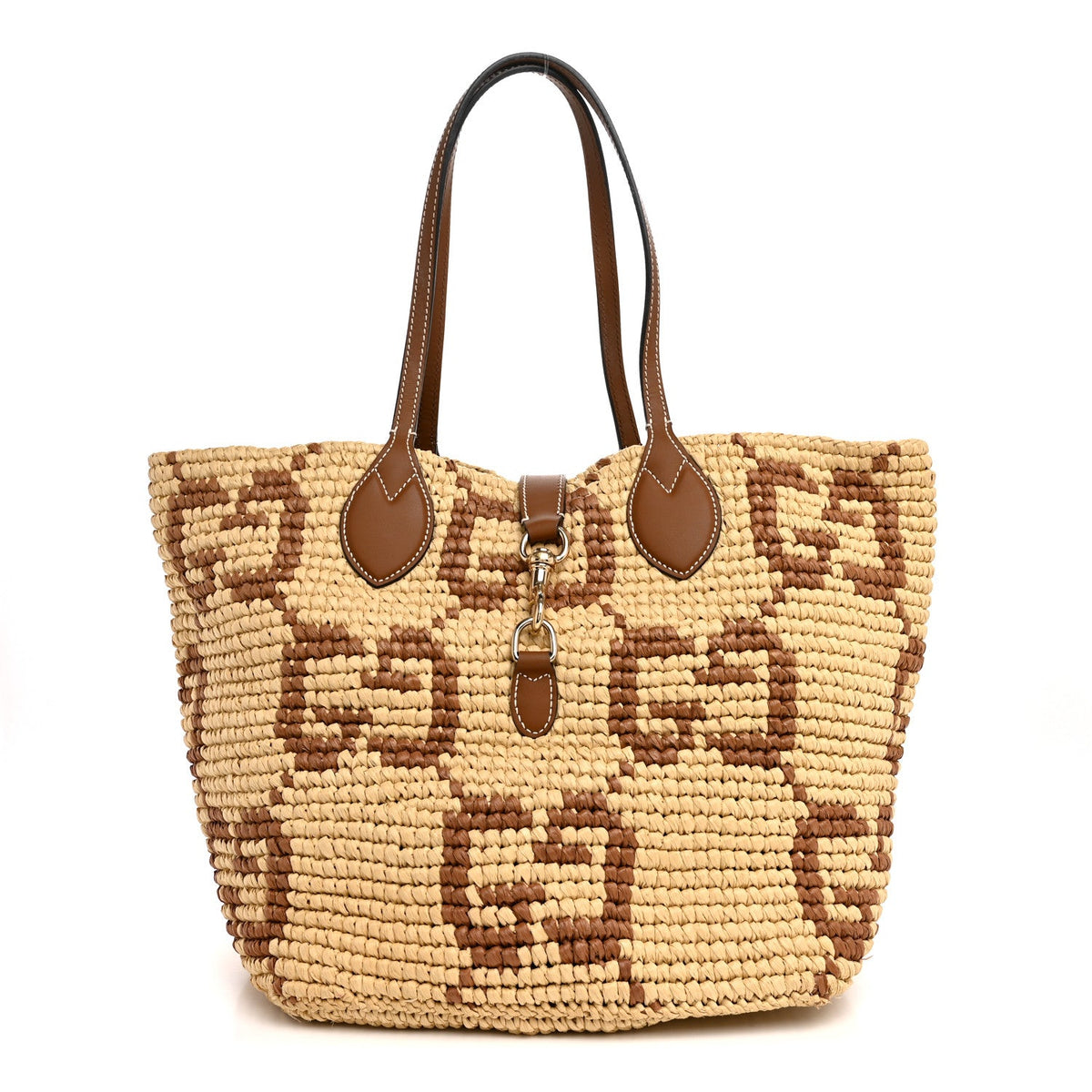 Raffia Woven Monogram Jumbo Medium Tote Natural Brown