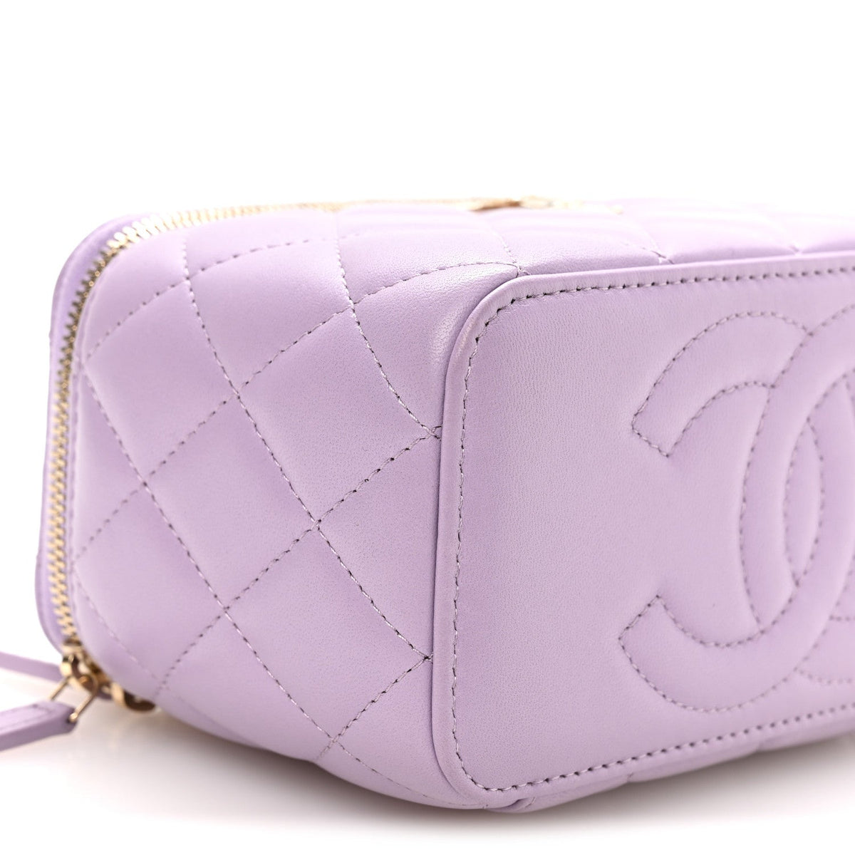 Lambskin Quilted Baguette Crystal Top Handle Vanity Case With Chain Purple