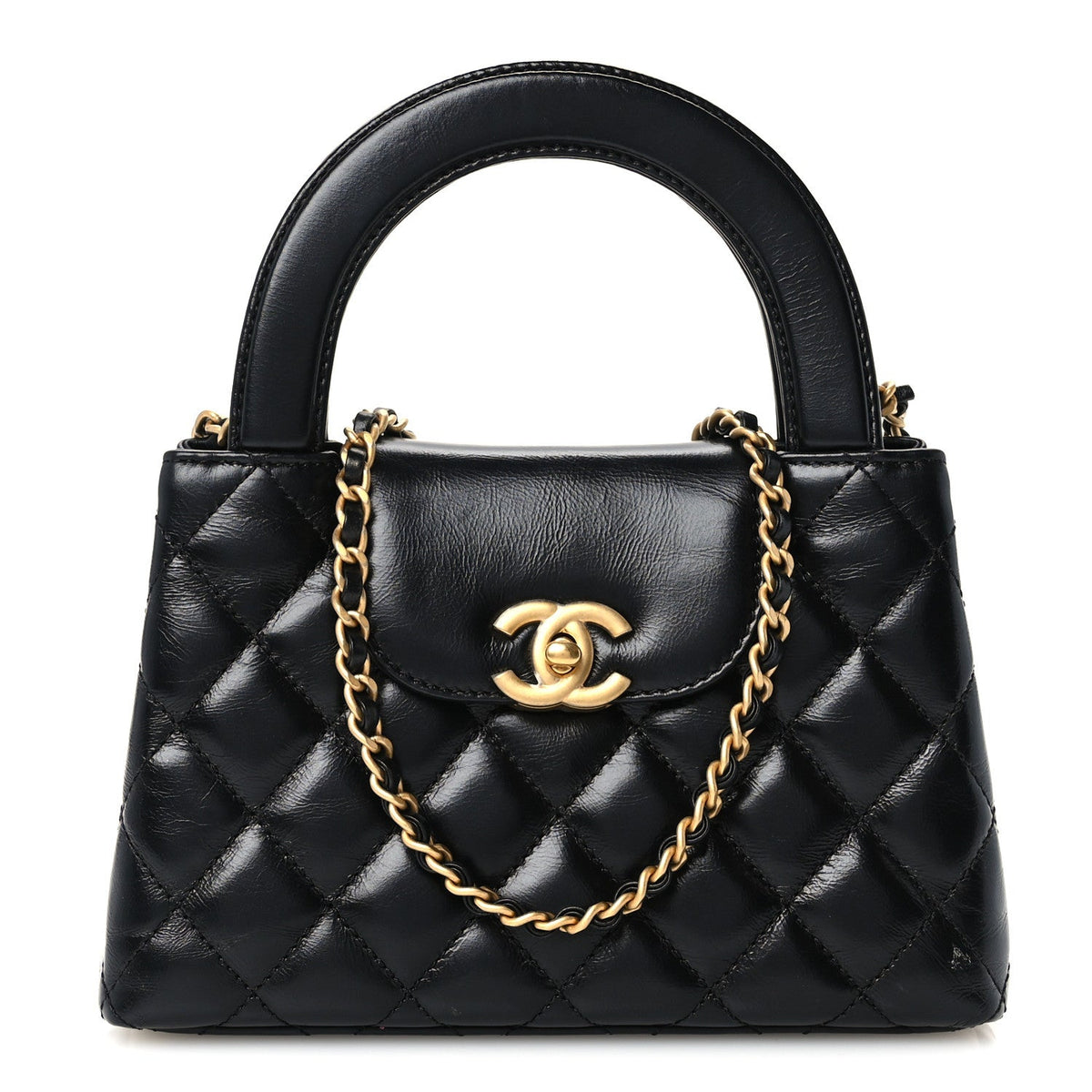 Shiny Aged Calfskin Quilted Nano Kelly Shopper Black