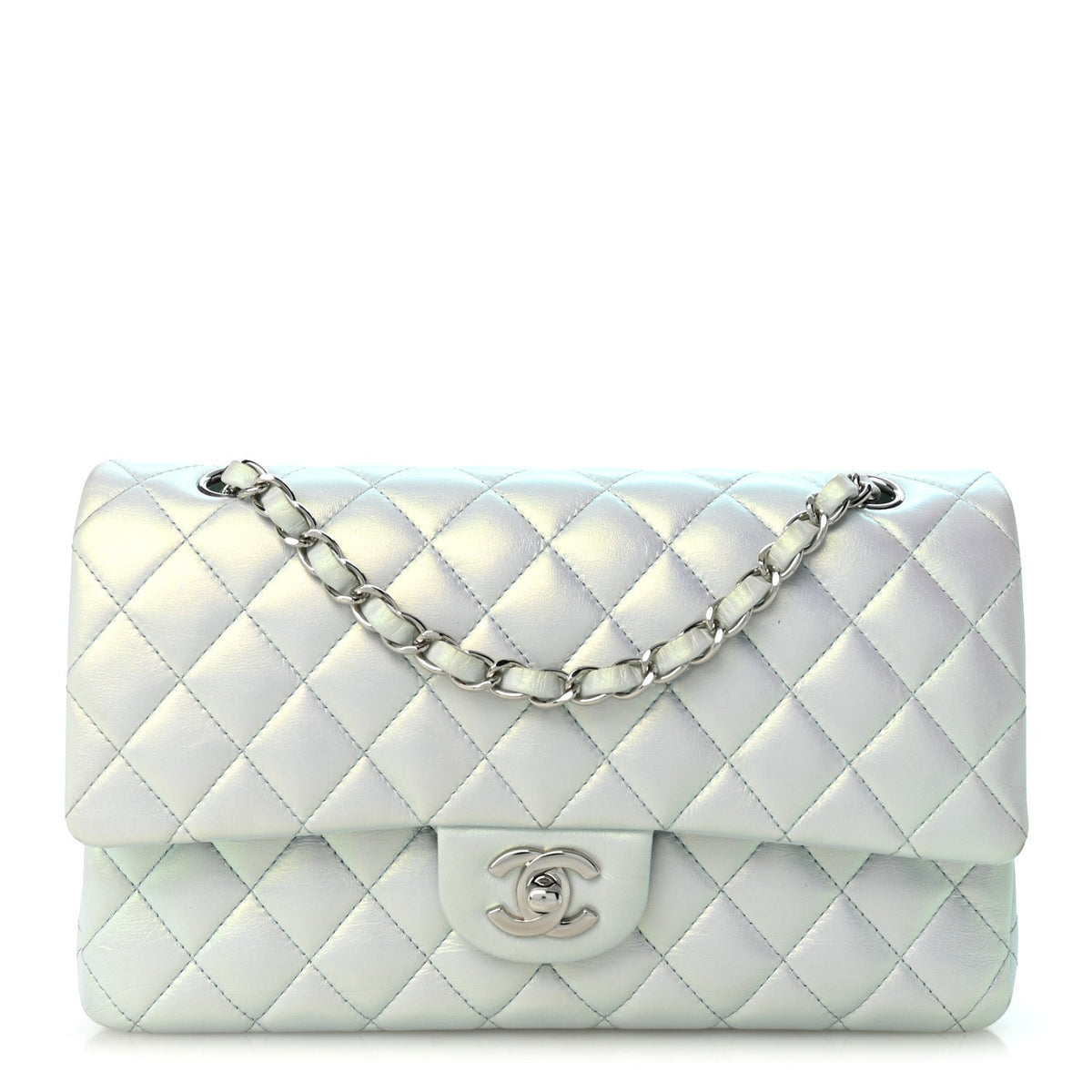 Iridescent Lambskin Quilted Medium Double Flap Light Blue