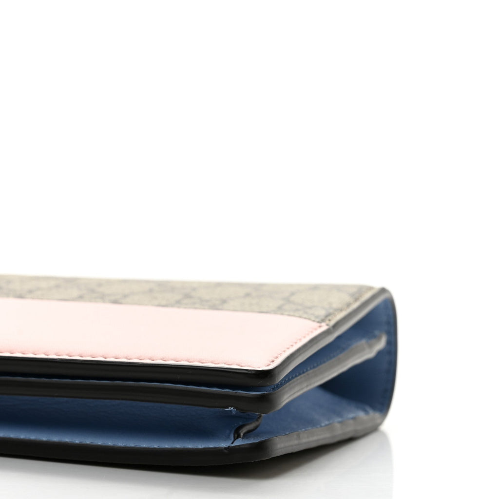 GG Supreme Monogram Textured Dollar Calfskin Mini GG Marmont Chain Wallet Light Pink Blue Beige