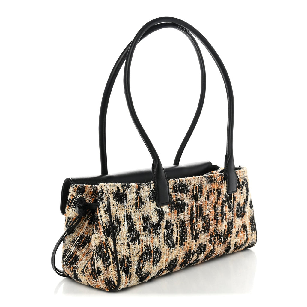 Calfskin Tweed Mixed Fibers Leopard Print Urban Essentials Small Shopping Bag Brown Black White