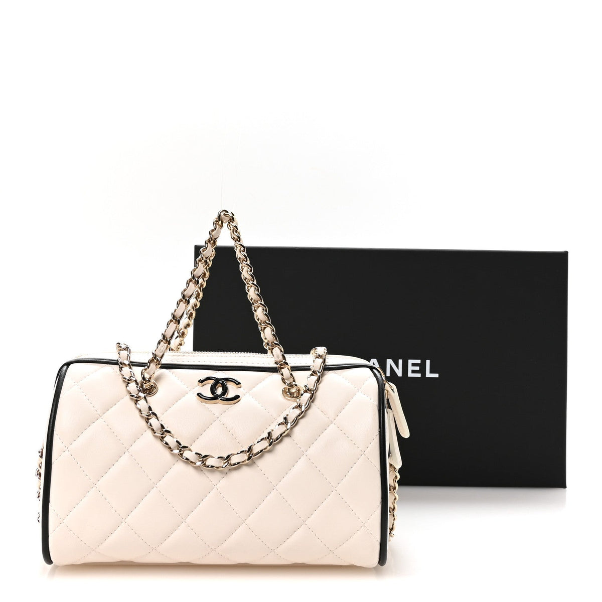 Lambskin Quilted Resin CC Mini Bowling Clutch With Chain White Black