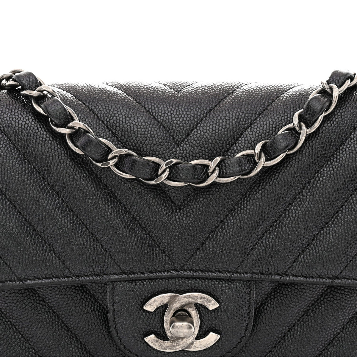 Iridescent Caviar Chevron Quilted Mini Rectangular Flap Black