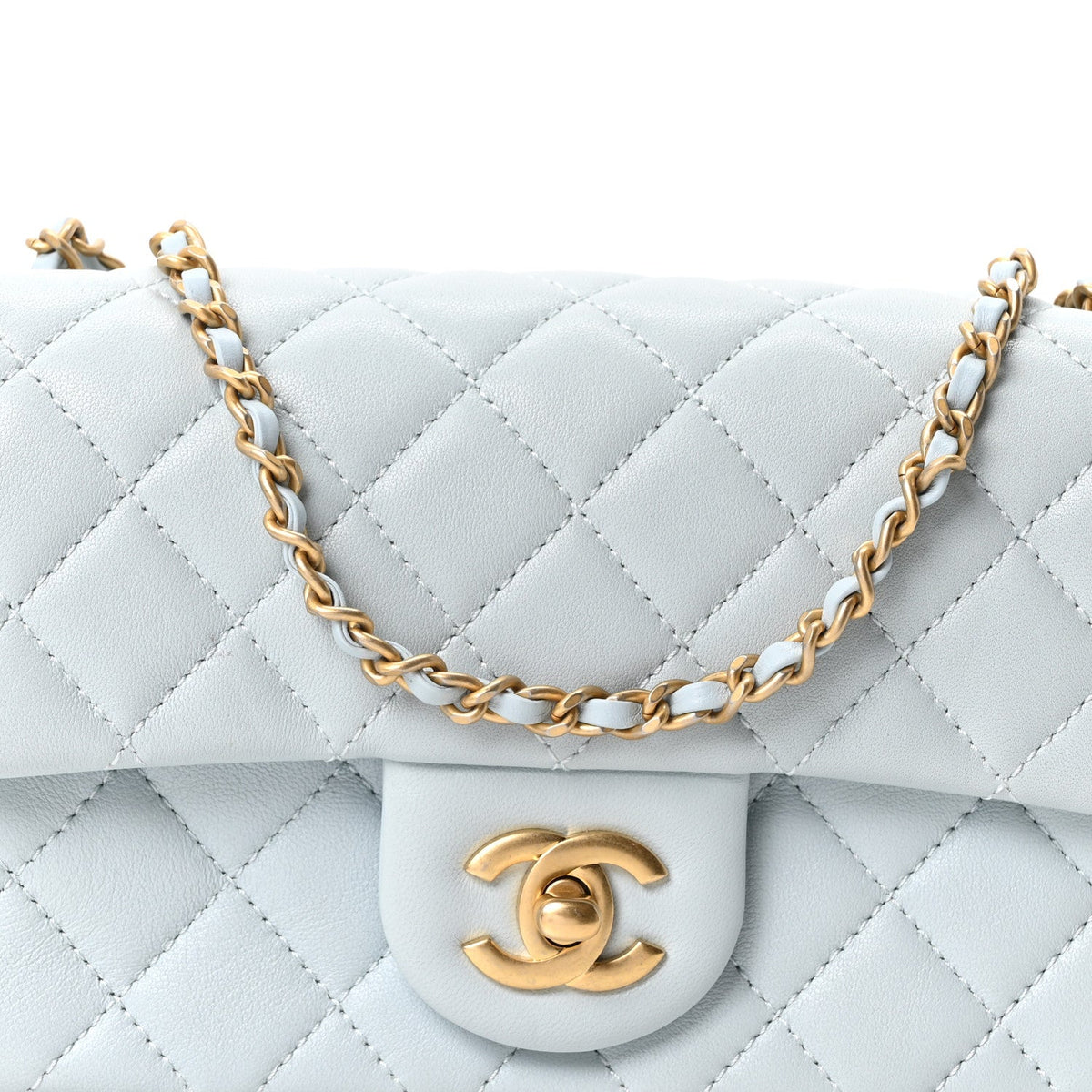 Lambskin Quilted Mini Rectangular Pearl Crush Flap Light Blue