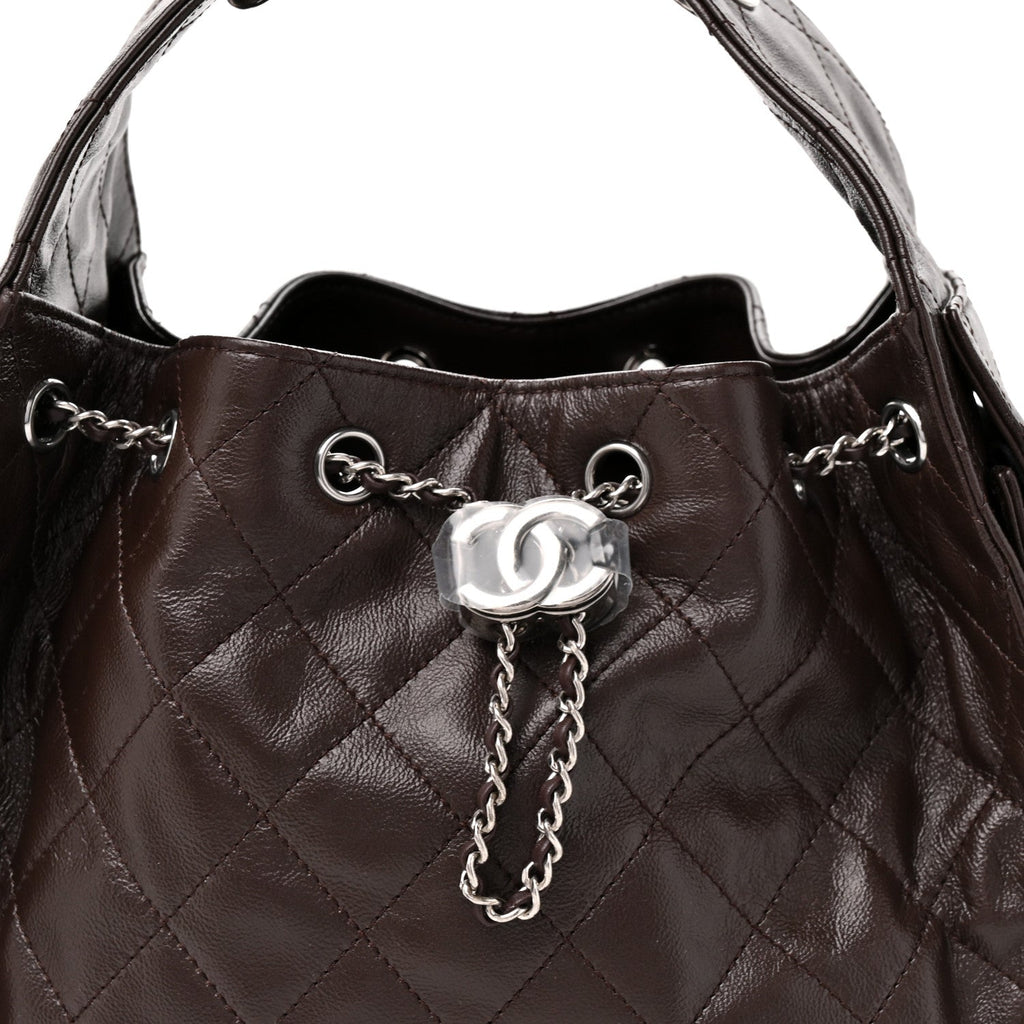 Shiny Crumpled Calfskin Quilted Small Chanel 25 Handbag Dark Brown