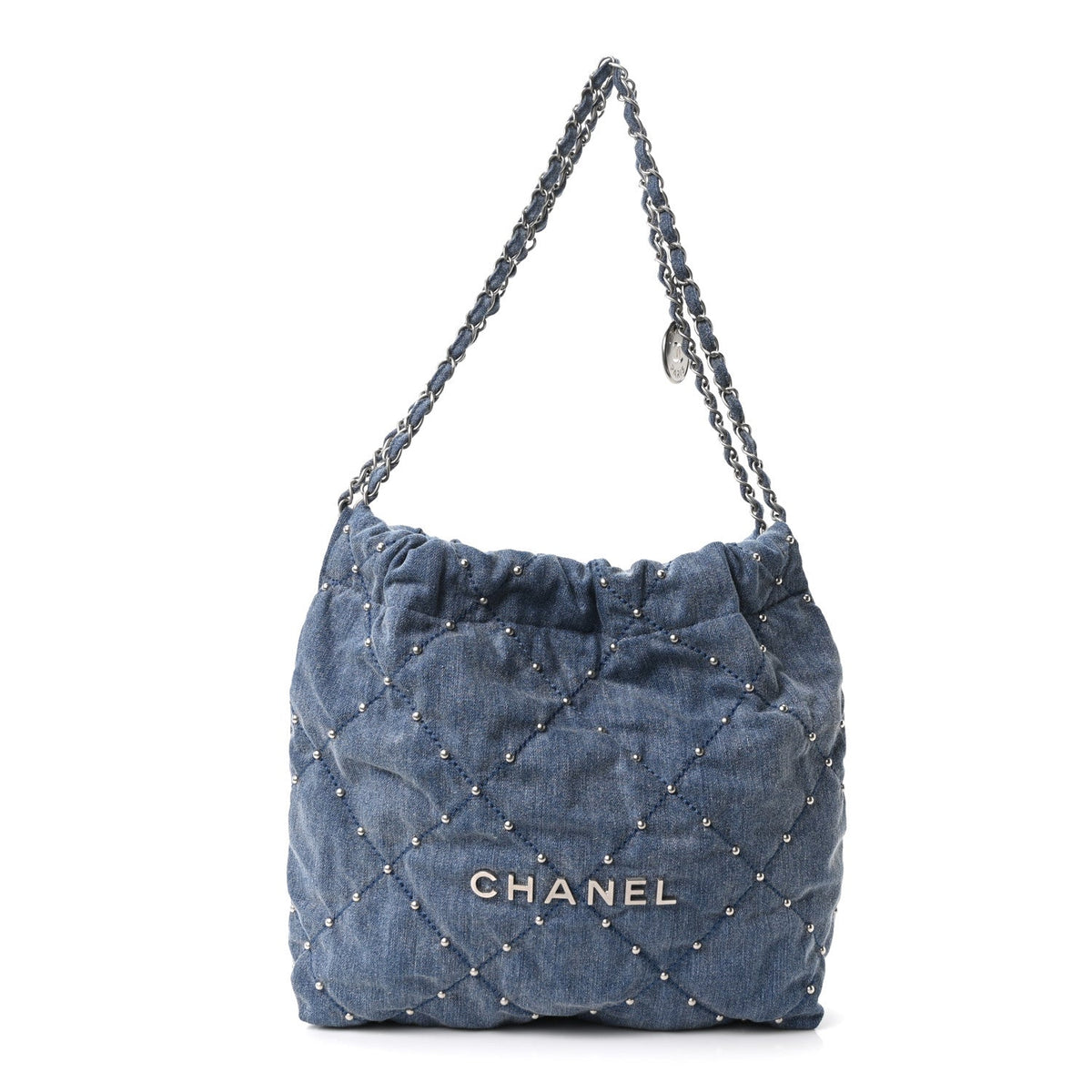 Washed Denim Quilted Studded Small Chanel 22 Blue