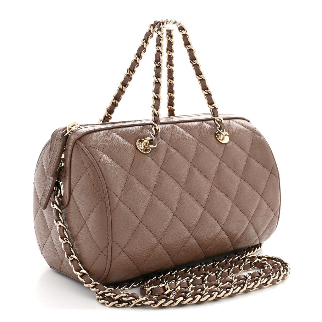 Caviar Quilted Barrel Clutch With Chain Brown