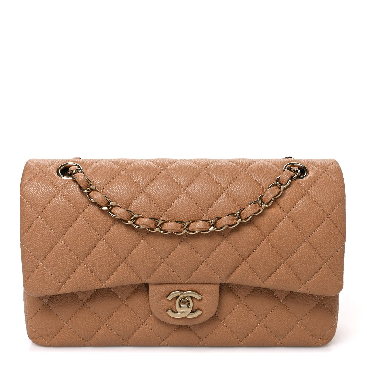 Caviar Quilted Medium Double Flap Light Brown