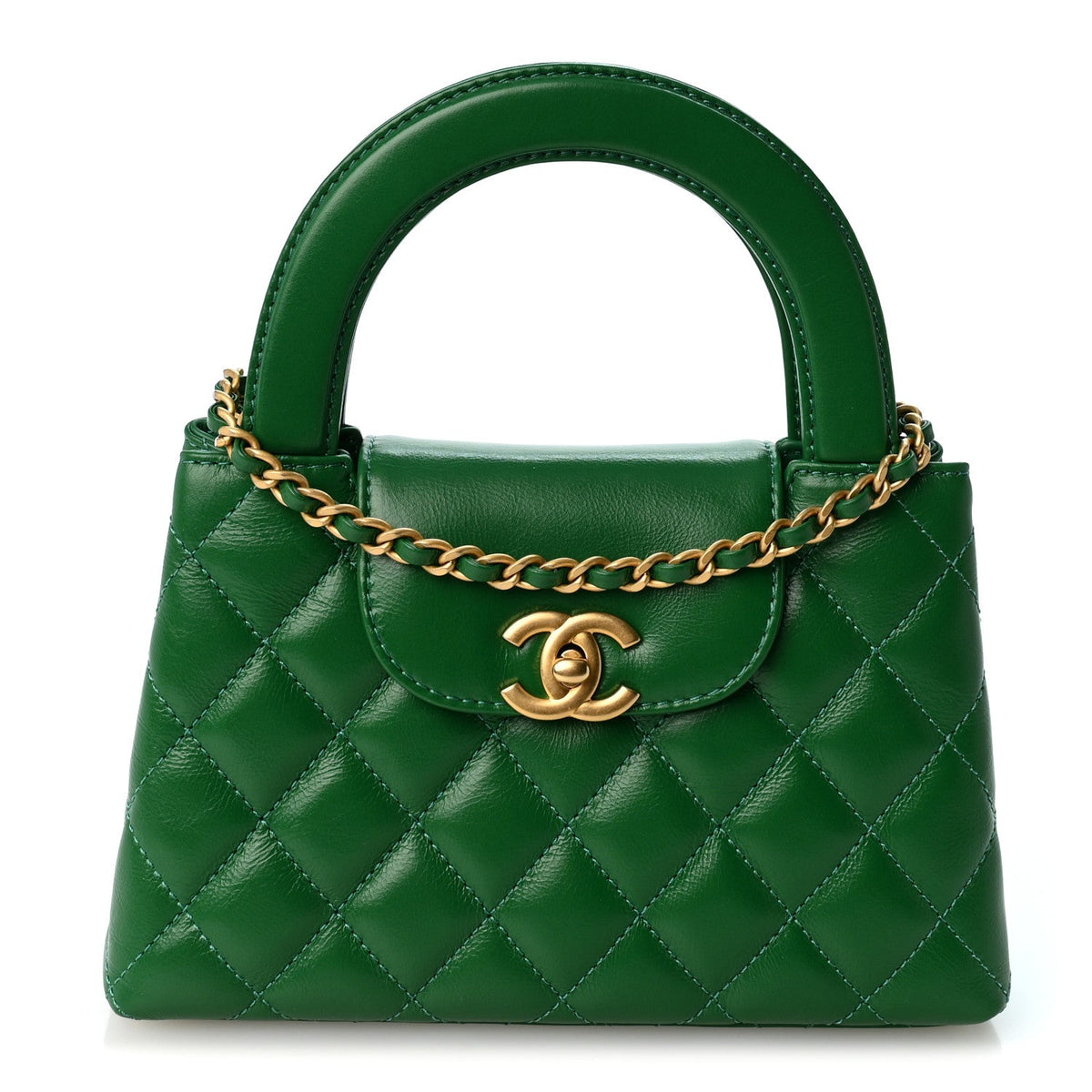 Shiny Aged Calfskin Quilted Nano Kelly Shopper Green