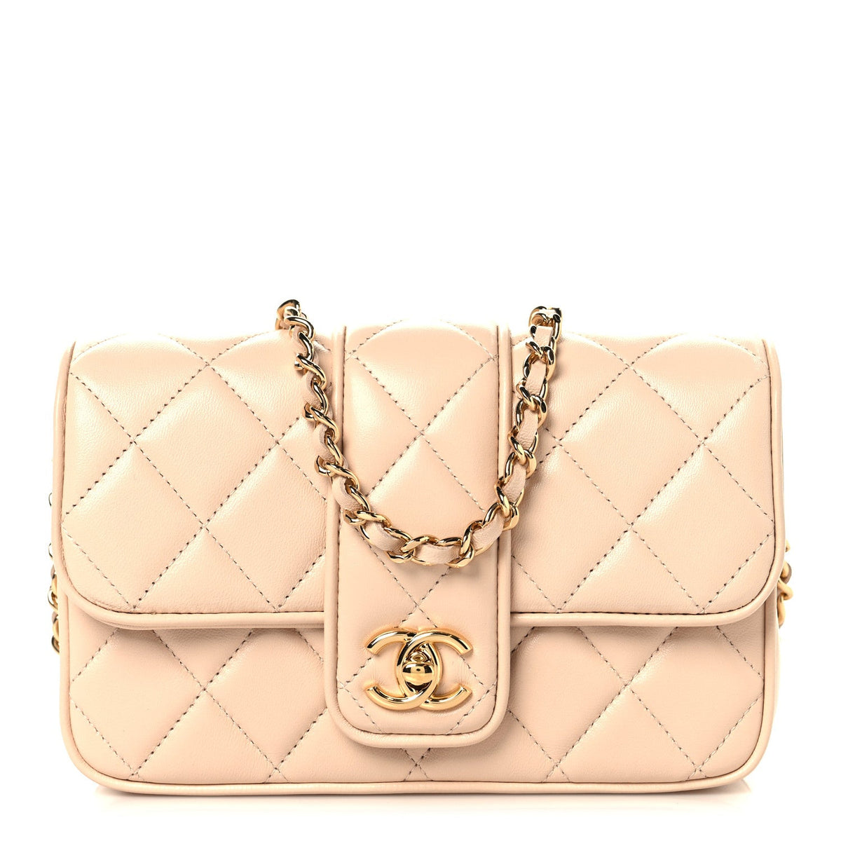 Lambskin Quilted Tab Mini Flap Beige