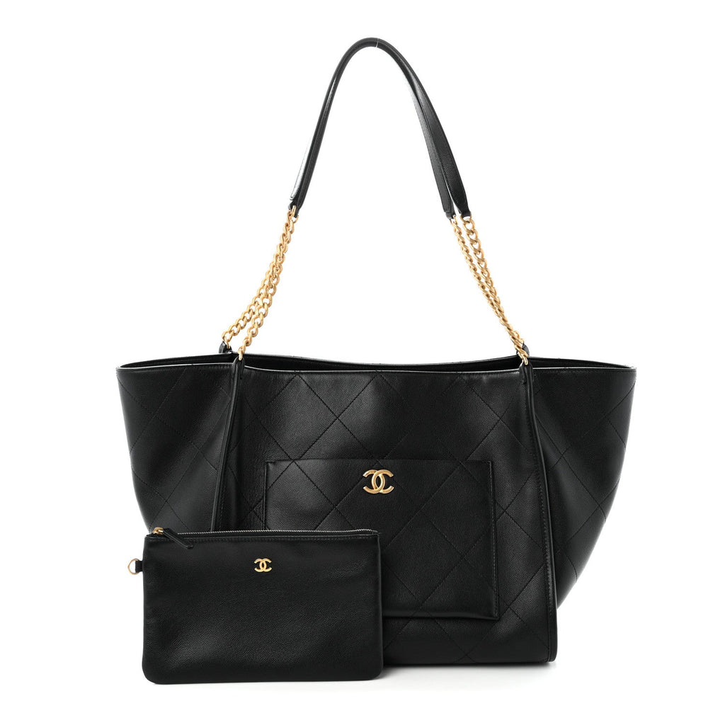 Caviar Stitched Pocket CC Large Tote Black