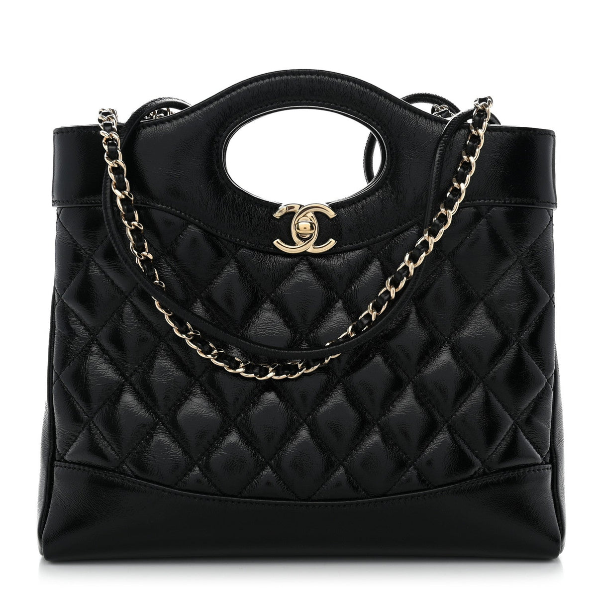 Shiny Crumpled Calfskin Quilted Mini 31 Shopping Bag Black