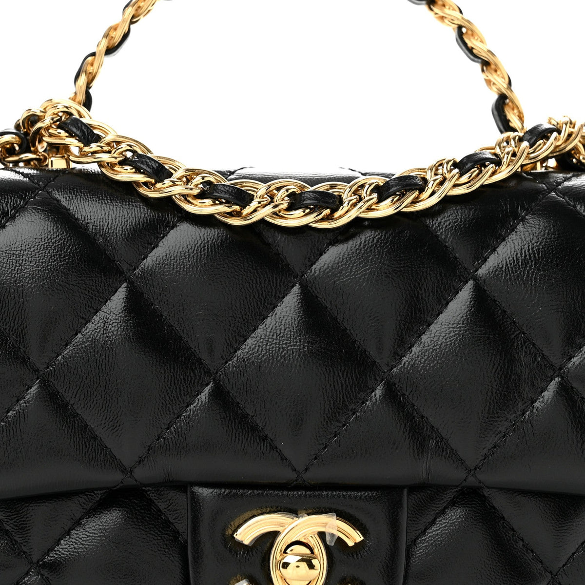 Shiny Lambskin Quilted Golden Links Top Handle Flap Black