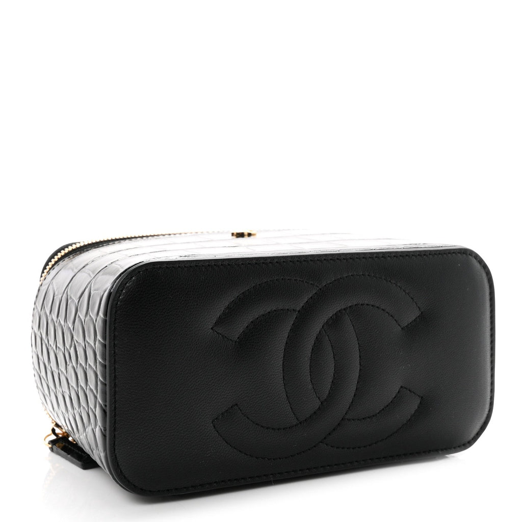 Calfskin Crocodile Embossed Crococo Small Top Handle Vanity Case With Chain Black