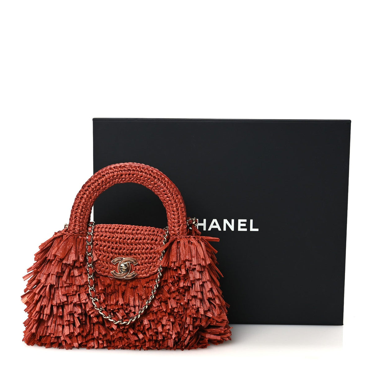 Raffia Fringe Nano Kelly Shopper Red