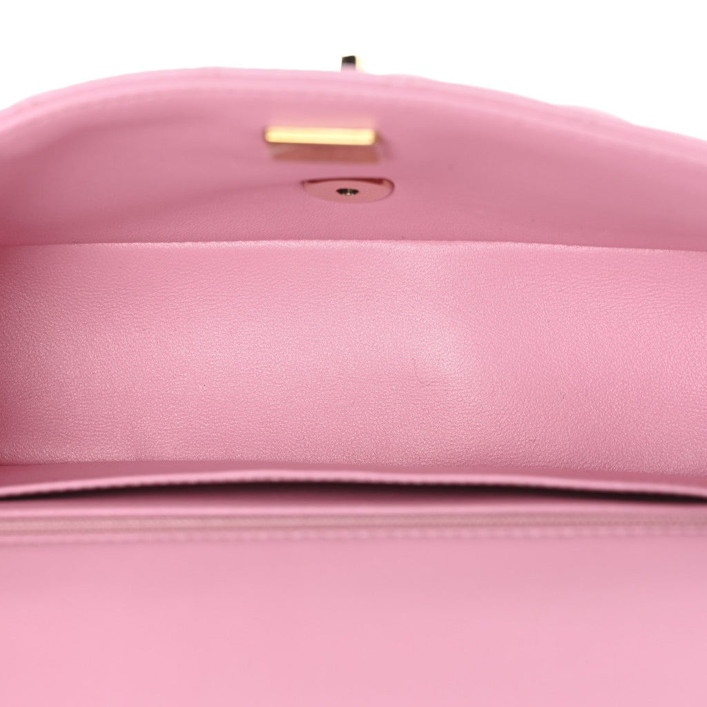Lambskin Quilted Mini Top Handle Rectangular Flap Pink