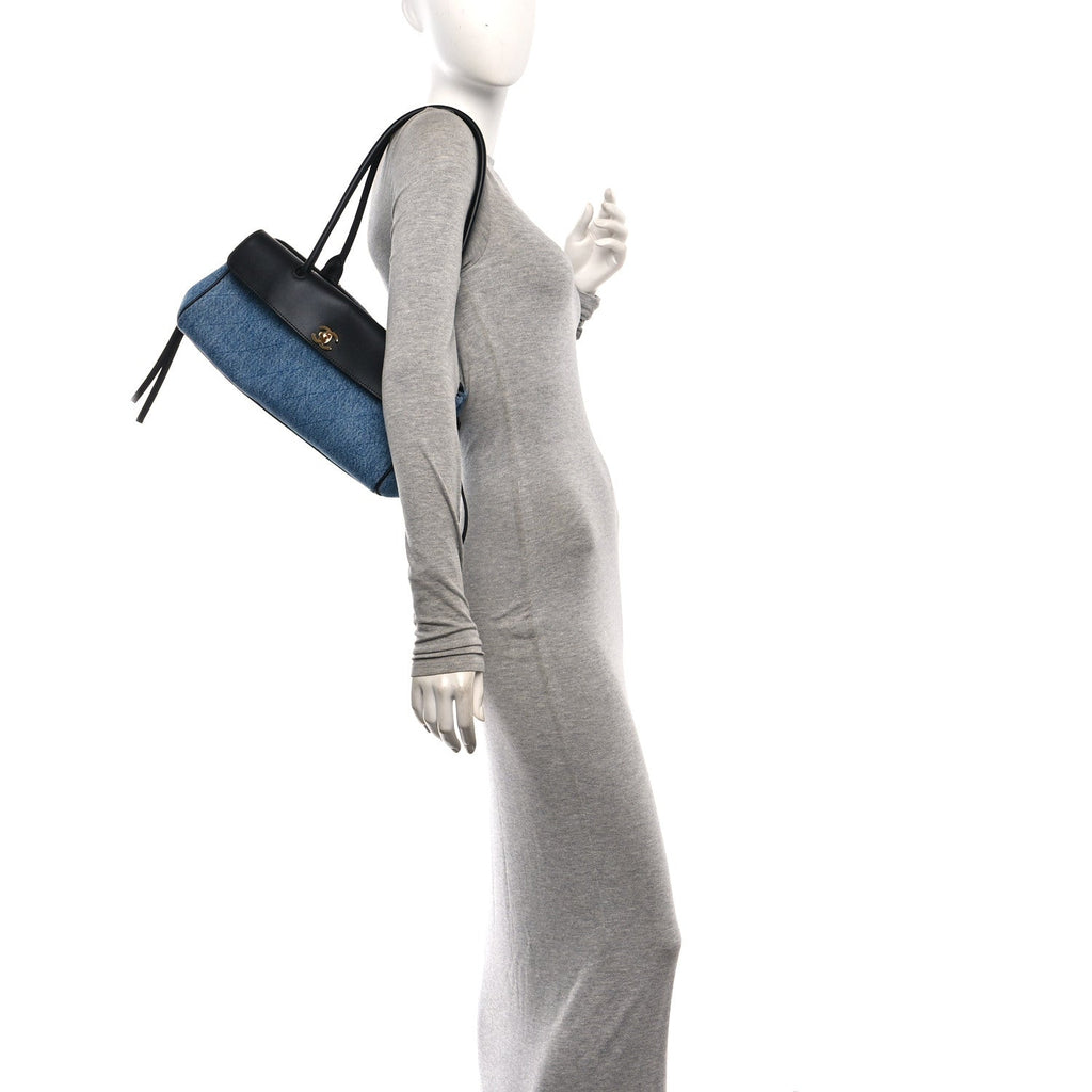 Calfskin Denim Stitched Urban Essentials Small Shopping Bag Blue Black