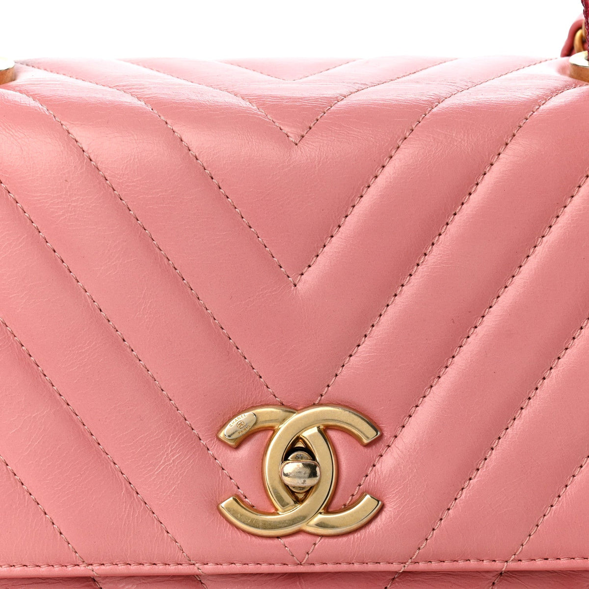 Calfskin Lizard Chevron Quilted Small Coco Handle Flap Pink