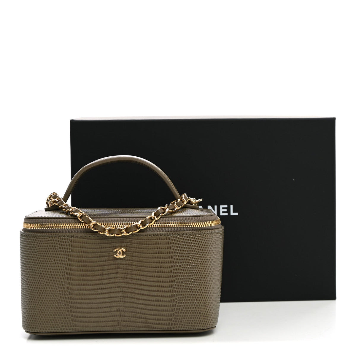 Calfskin Lizard Embossed Top Handle Vanity With Chain  Dark Khaki
