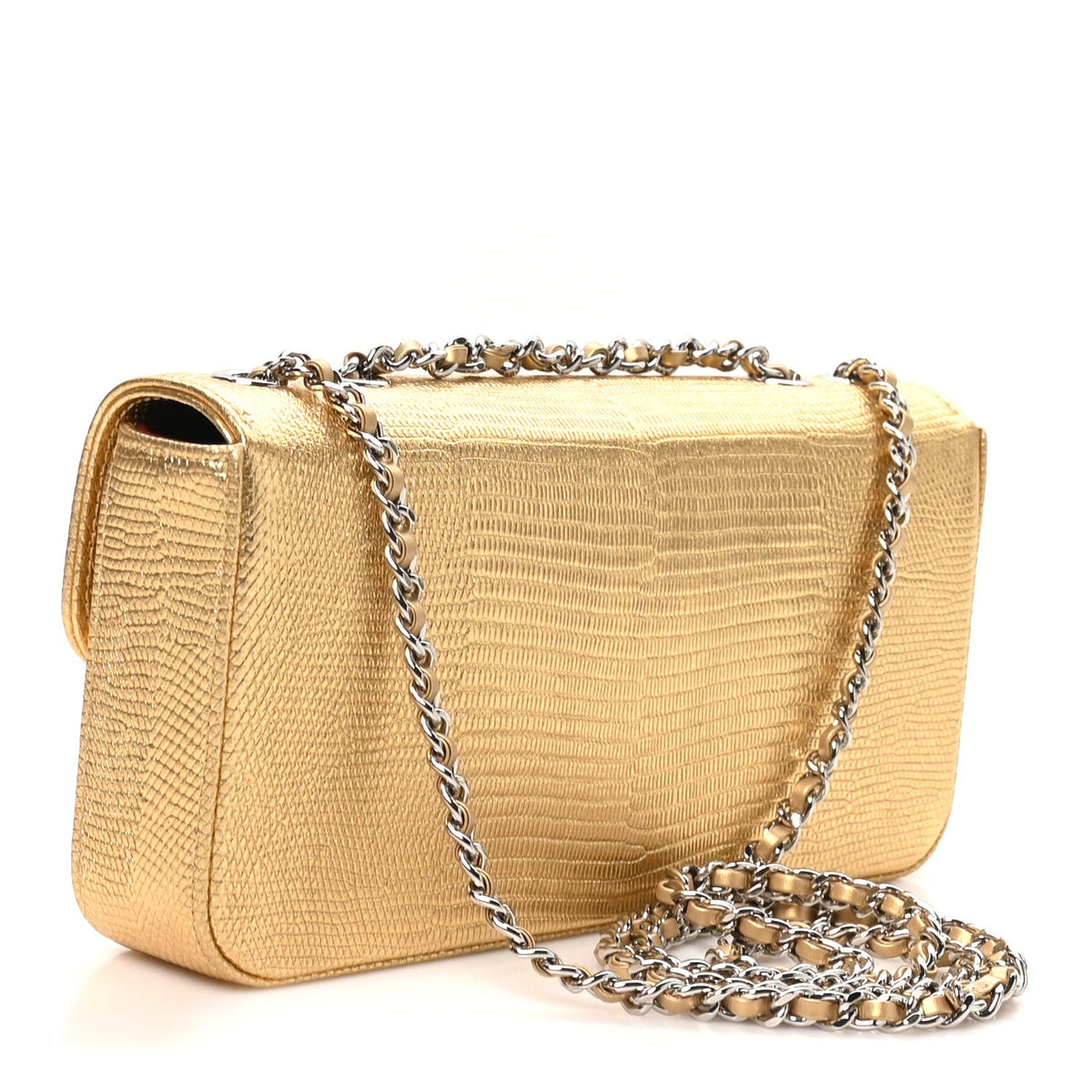 Metallic Calfskin Lizard Embossed Small East West Flap Gold