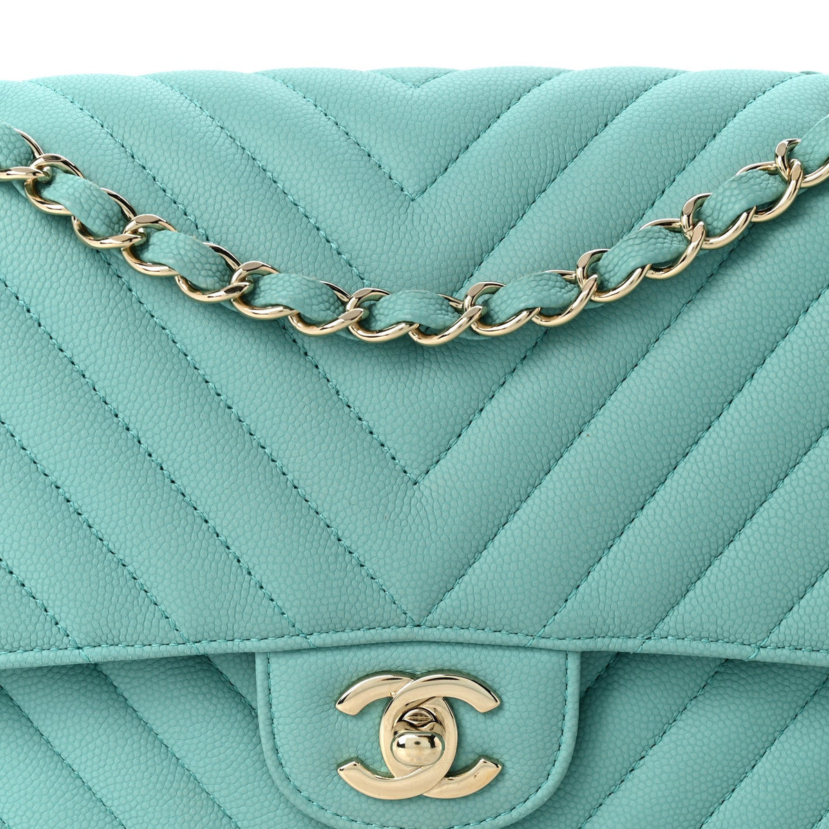 Caviar Flat Chevron Quilted Medium Double Flap Green