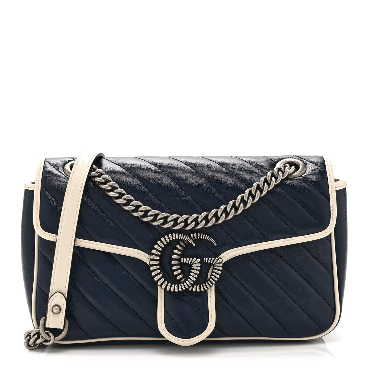 Vintage Effect Calfskin Matelasse Diagonal Small Torchon GG Marmont Shoulder Bag Blue Agata Mystic White