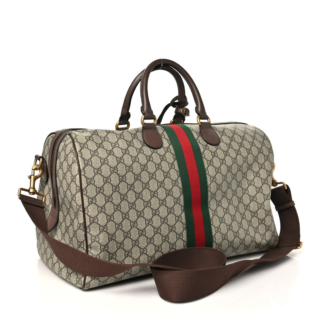 GG Supreme Monogram Textured Dollar Calfskin Web Medium Ophidia Carry-On Duffle Bag Beige Ebony New Acero